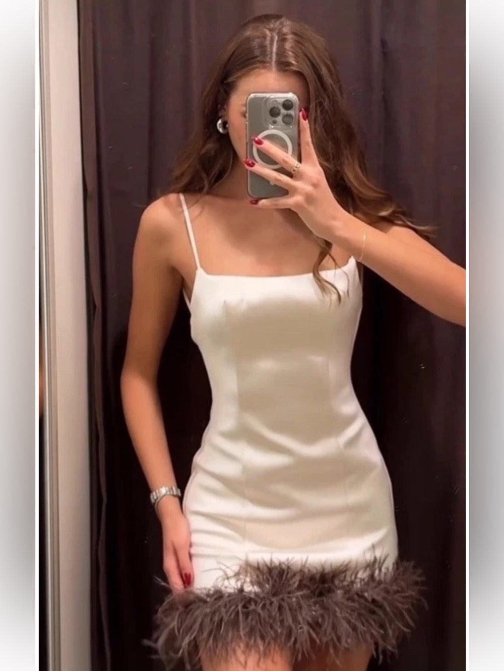 Zara White Spaghetti Strap Mini Dress with Brown Feather Trim